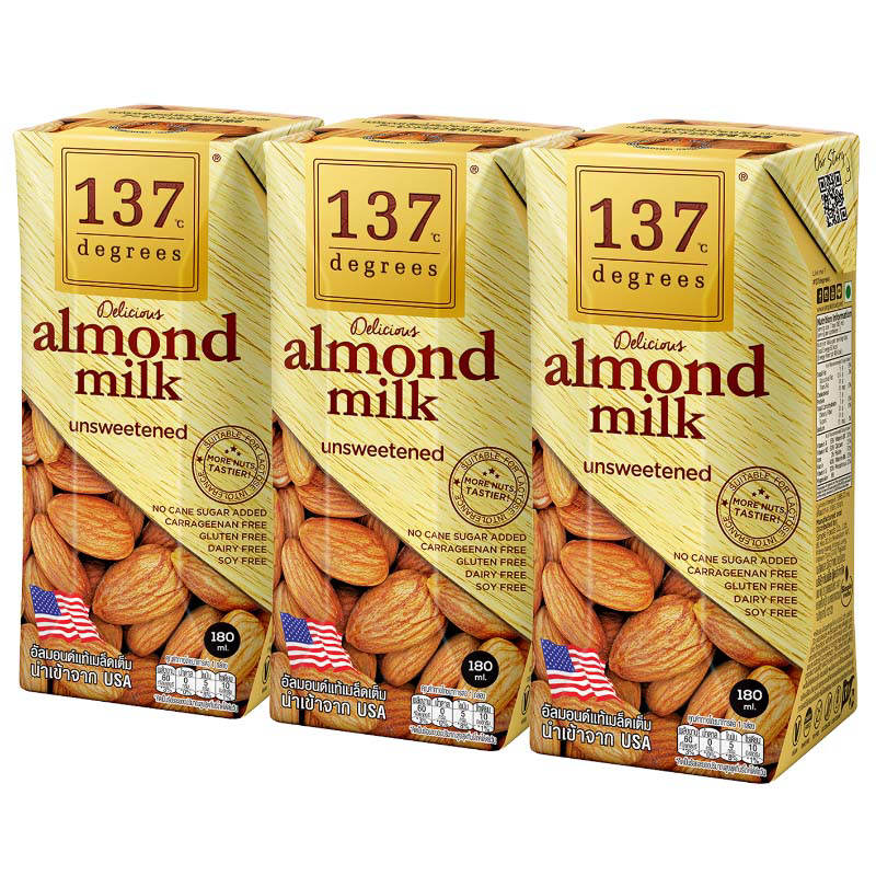 137 Degrees Unsweetened Almond Milk, 180ml Pack of 3
