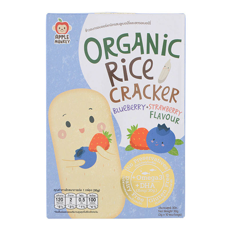 Apple Monkey Organic Rice Cracker - Blueberry & Strawberry Flavor - 30g