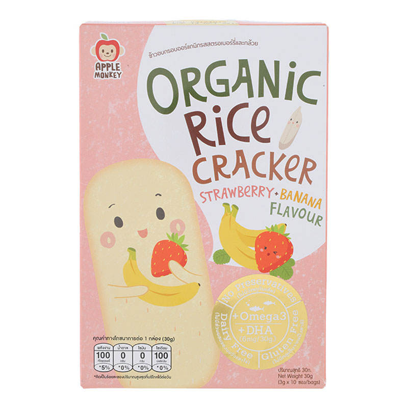 Apple Monkey Organic Rice Crackers Strawberry Banana Flavor, 30g