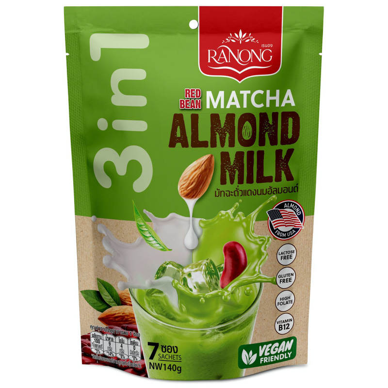 Ranong Matcha Green Tea Latte Mix with Almond Milk and Red Rice - 20g (Pack of 7 Sachets)