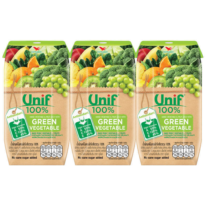 Unif Green Veggie Juice with Mixed Fruits 100% - 200ml Pack of 3